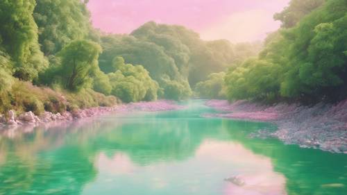 Krajobraz w stylu kawaii, przedstawiający pastelowo zieloną rzekę i tęczę w kolorze cukierków.