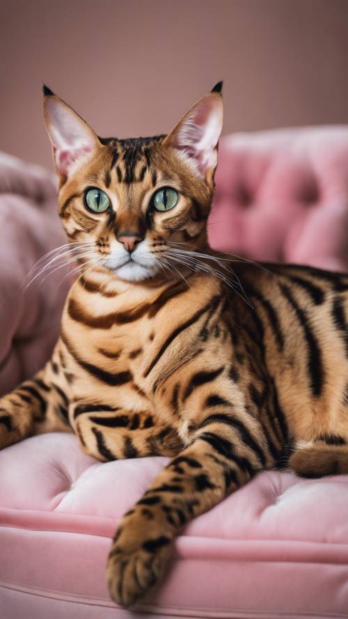 A Bengal Cat with a golden coat lounging on a plush pink cushion. Tapeta [ebf6029cec0c4aad9211]