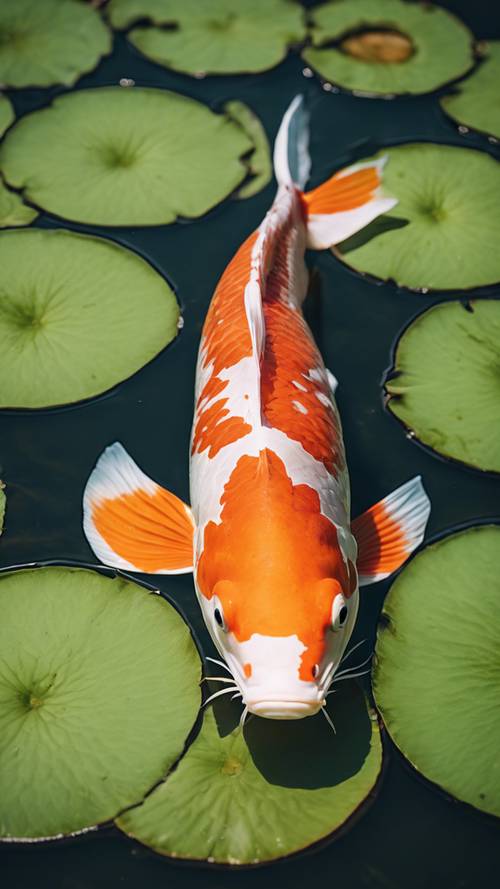 Um peixe koi laranja brilhante nadando em um lago coberto de nenúfares verdes.
