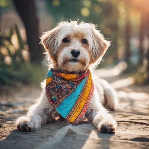 כלב קטן וחמוד עם בנדנה צבעונית של בוהו קשורה לצווארו.