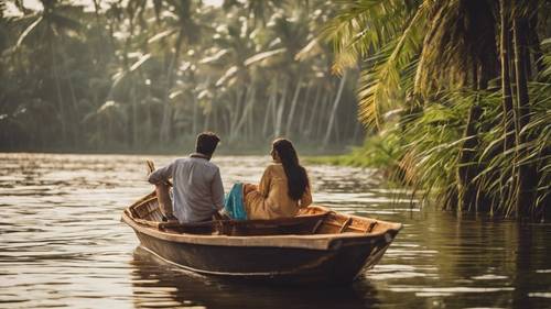 Sepasang suami istri di atas rumah perahu, berlayar melewati daerah terpencil di Kerala.