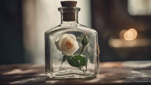 Uma única rosa branca encerrada num frasco antigo e misterioso.