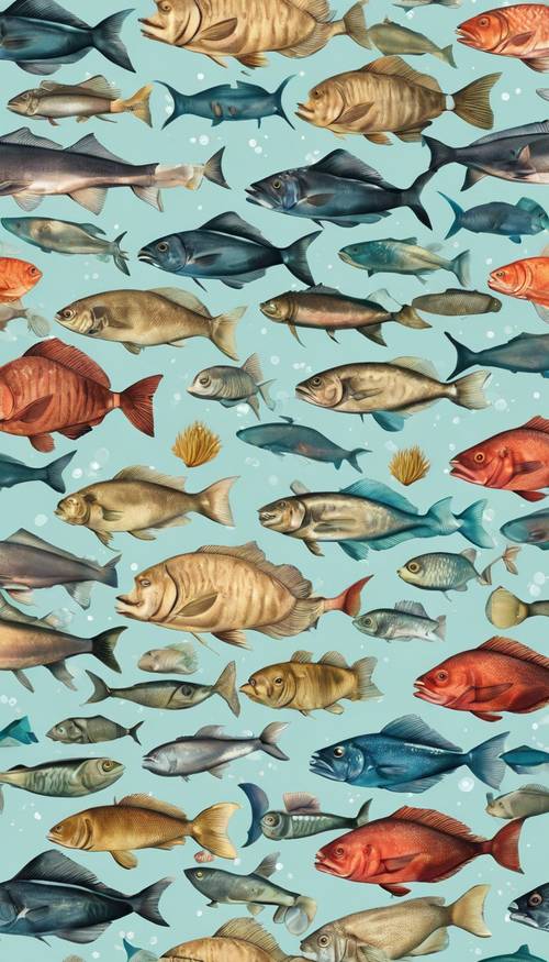 様々な種類の魚が描かれた海のテーマのシームレスパターン