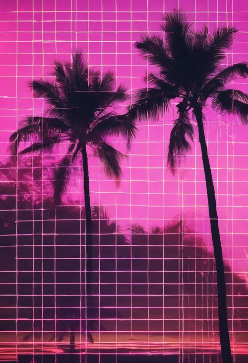 帶有網格圖案的老派 80 年代風格合成波棕櫚樹場景。