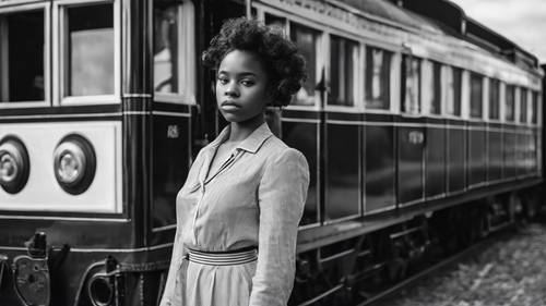 Uma fotografia vintage em preto e branco de uma garota negra parada ao lado de um trem antigo.