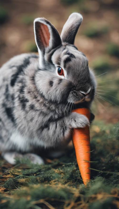 Un conejito esponjoso con pelaje de camuflaje gris y negro, masticando contento una zanahoria fresca.