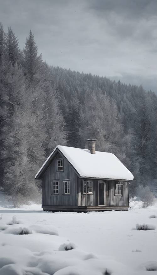Karlı bir manzaranın içinde yer alan küçük gri ahşap bir kulübe.