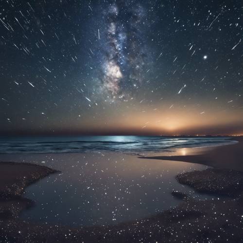 A luminous beach at night under a meteor shower, with shooting stars reflected on the calm surface of the sea.