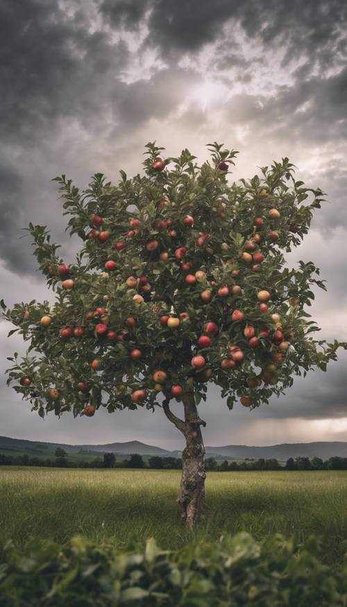 An apple tree in a field, under white lightning. Tapet [3463392957f843a5ab9f]
