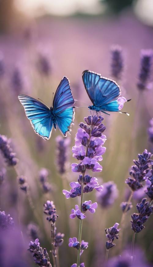 파란색과 보라색 날개를 가진 나비 한 쌍이 활짝 핀 라벤더 들판 한가운데를 날아다니고 있습니다.