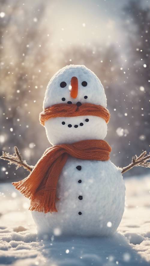 Милый и дружелюбный снеговик в шарфе и морковном носу в зимнем пейзаже с падающими снежинками.
