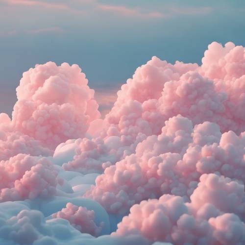 Miękkie kawaii chmury z twarzami, unoszące się na pastelowym niebieskim niebie i rzucające długie różowe cienie o zachodzie słońca.