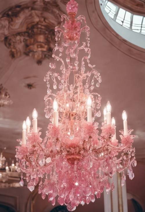 Lampu gantung kristal berwarna merah muda yang menakjubkan tergantung di langit-langit megah