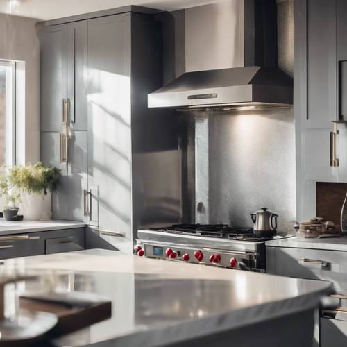Uma cozinha moderna com eletrodomésticos prateados em aço inoxidável, uma bancada limpa e a luz do sol entrando por uma janela de canto.