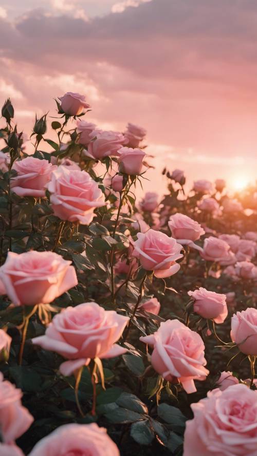 在柔和的夕陽天空下，一片粉紅色的玫瑰花田，花瓣捕捉著最後的光芒。