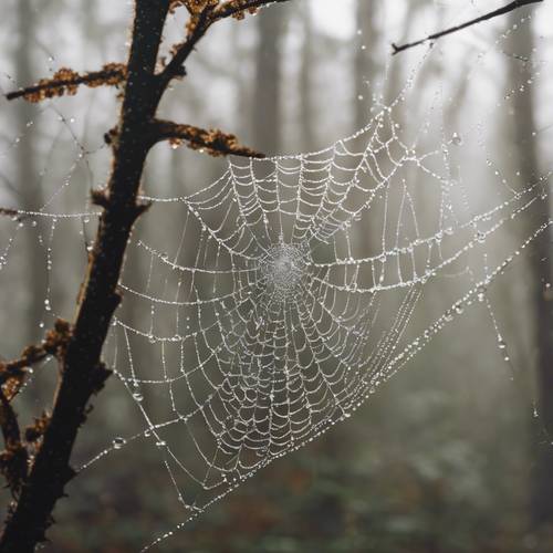 A detailed shot of a spider web adorned with dew droplets in a foggy forest.