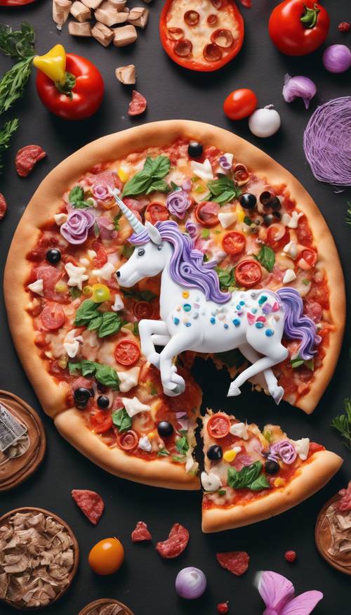 Uma pizza inspirada no mundo excêntrico dos contos de fadas, decorada com coberturas formando um unicórnio vibrante e fofo