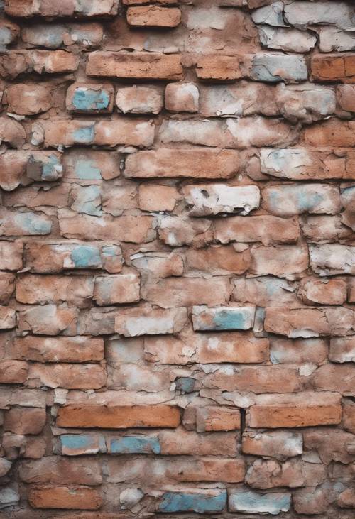 Uma parede de tijolos rústica com manchas de tinta pastel descascada.