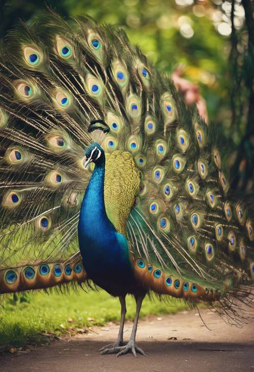 Un pavo real que intenta impresionar a una pava con un despliegue romántico de diversos colores en su cola majestuosamente abanicada.