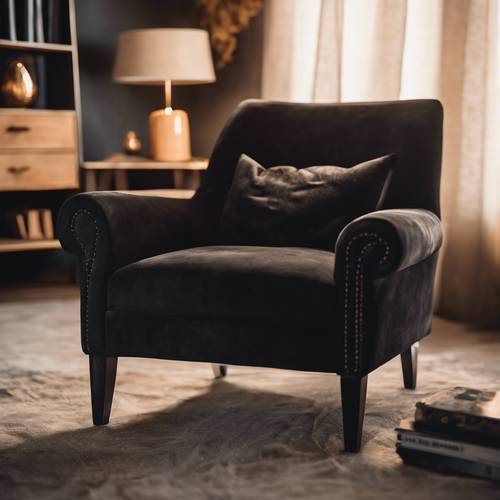 Czarny zamszowy fotel skąpany w ciepłym, przytulnym wieczornym świetle.