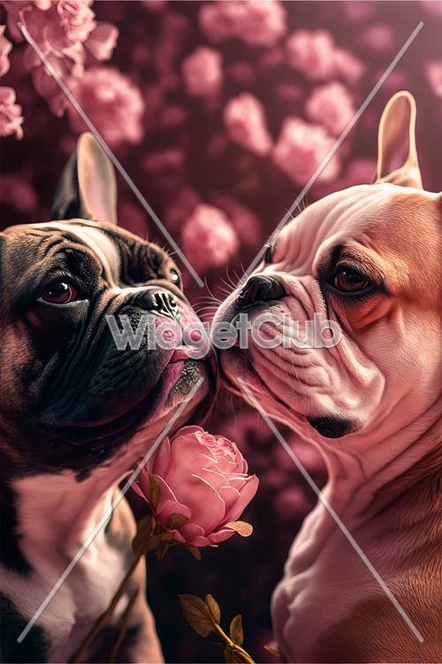 Deux chiens mignons et une rose rose