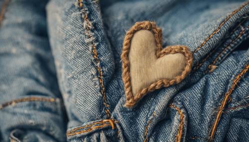 Eski bir kot pantolonun üzerinde kalp şeklinde bej bir yama.
