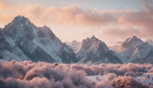 겨울 일출의 부드러운 색조로 둘러싸인 험준한 보호 스타일의 산봉우리입니다.