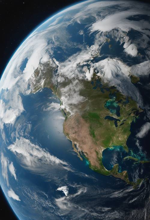 Ziemia z kosmosu z wyraźnym widokiem na błękitne oceany, zielone lasy, brązowe pustynie i polarne czapy lodowe.