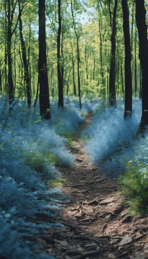 Ein ruhiger Wald mit Bäumen, die mit blauer Rinde bedeckt sind, unter einem strahlenden Sommerhimmel.