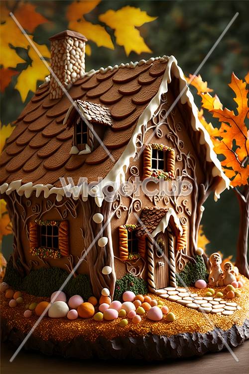 بيت خبز الزنجبيل الخريفي محاط بأوراق ملونة