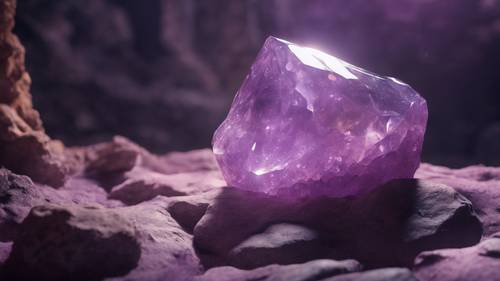 Antik bir mağarada usulca parlayan gizemli, açık mor bir kristal.