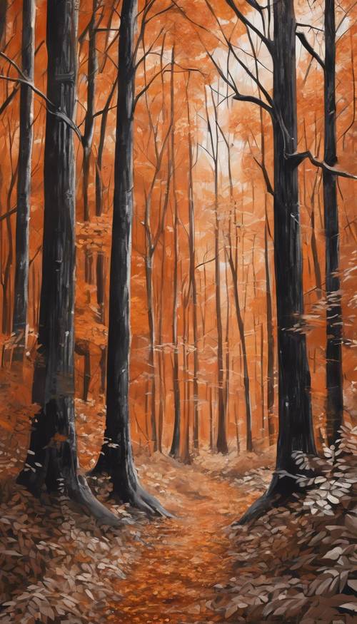 Uma pintura monocromática de uma floresta no outono, utilizando diferentes tons de laranja escuro.