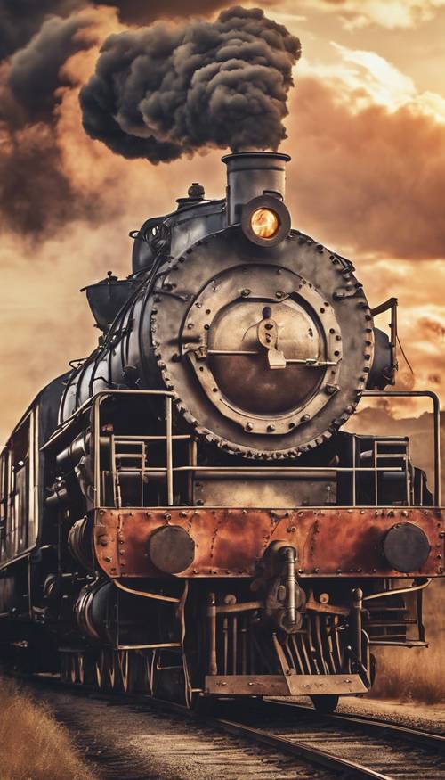 Murale de style vintage représentant une locomotive à vapeur sur fond de coucher de soleil.