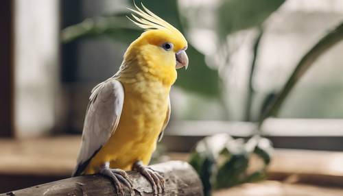 호기심 어린 눈빛으로 깃털을 단 노란 앵무새입니다.
