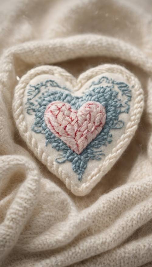 Hình thêu trang nhã hình trái tim preppy trên áo len cashmere màu ngà.