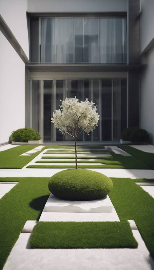Um pátio minimalista e moderno com um caminho de pedra branca, grama aparada e uma pequena e elegante árvore no centro.