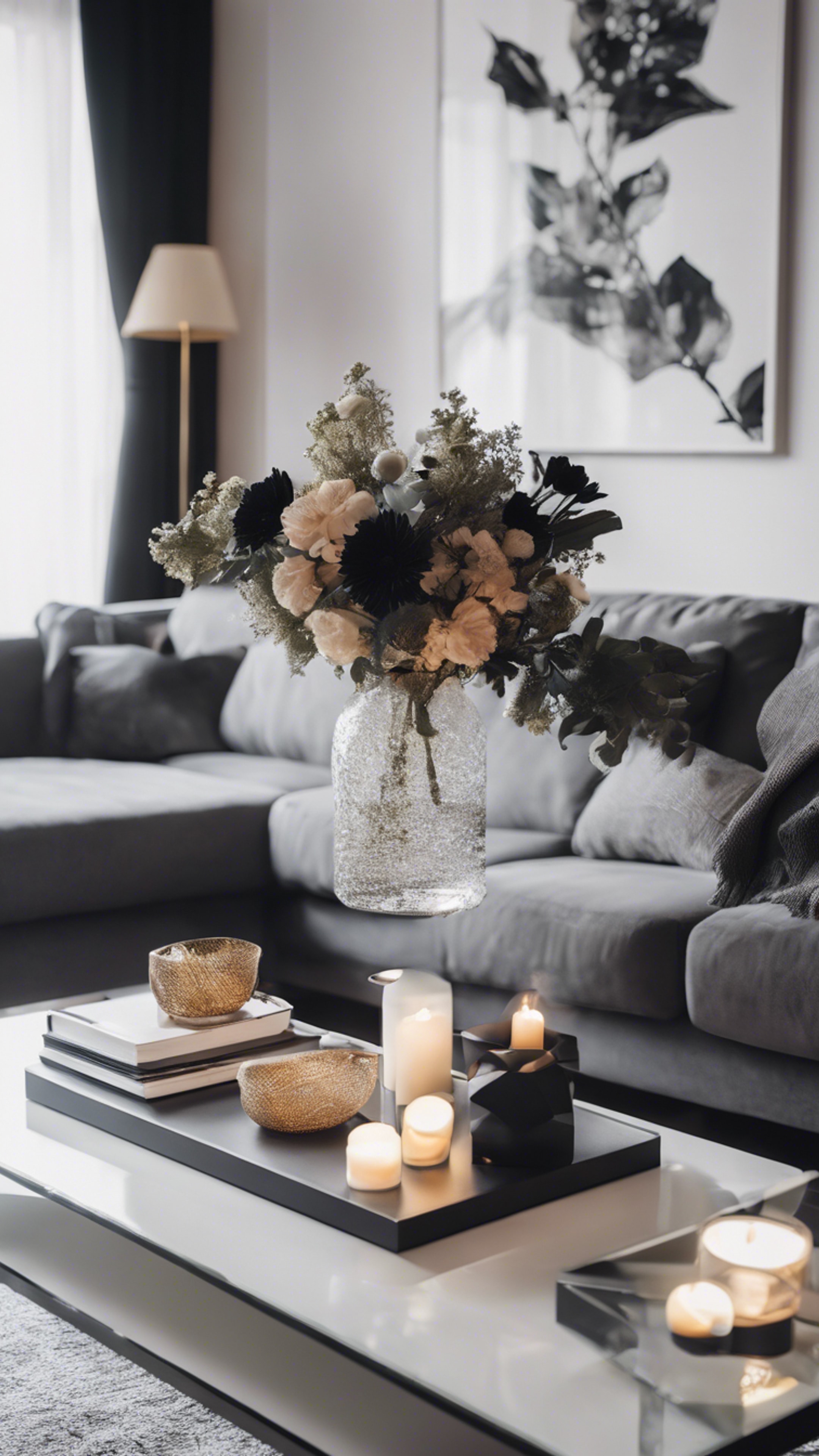 A brightly lit modern living room featuring a center table decorated with a black floral arrangement.壁紙[4fa54151a5604274b107]