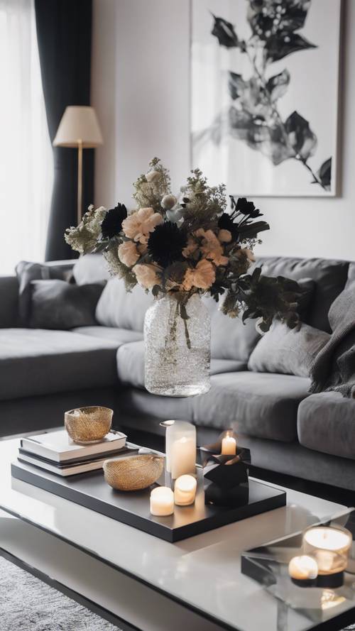 A brightly lit modern living room featuring a center table decorated with a black floral arrangement.
