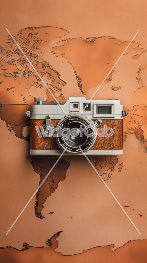 Classic Camera on World Map Background