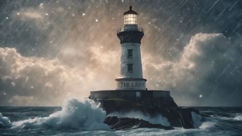 A bright lighthouse standing tall amid a stormy sea, with the words 'I am the light of the world' in the night sky. Tapeta na zeď [fa61a8c43bfa41ddb860]