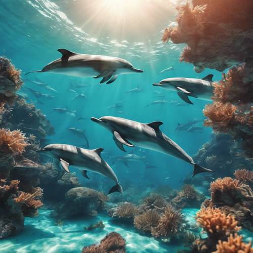 Sekelompok lumba-lumba lucu berenang bersama, masing-masing dengan aura biru kehijauan yang semarak, dengan latar belakang terumbu karang yang indah.