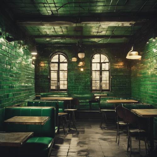 Alte, schmuddelige grüne U-Bahn-Fliesen in einem schwach beleuchteten Vintage-Café.