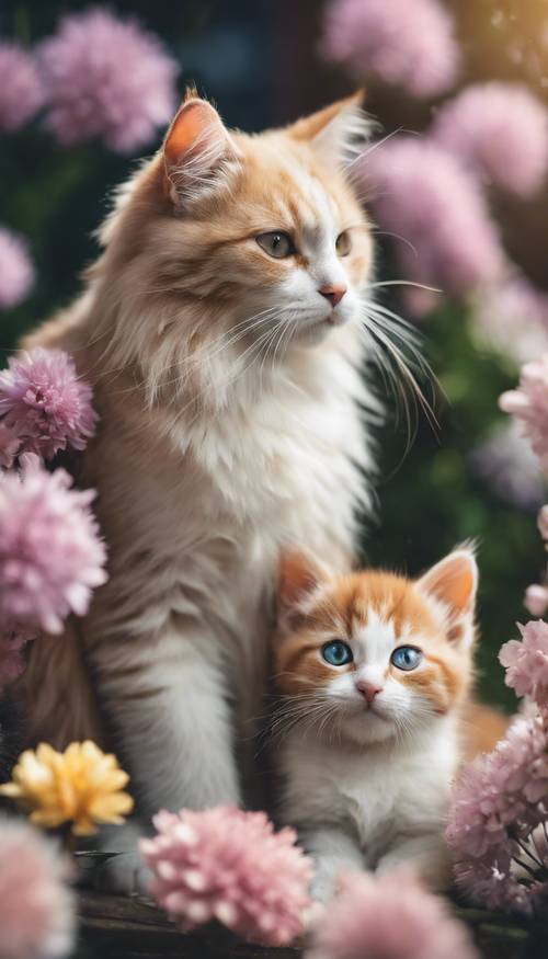 Uma gata cuidando amorosamente de seu gatinho peludo em um ambiente aconchegante, cercado por flores da primavera.