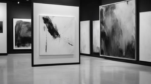 Una pintura simplificada, abstracta, en blanco y negro con un tono oscuro en una galería de arte minimalista.
