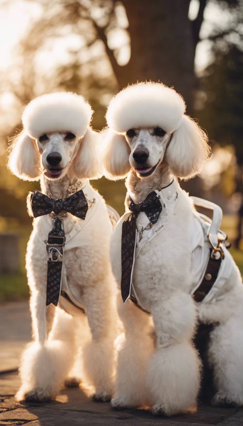 Um par de poodles brancos usando laços chiques de barbearia ao pôr do sol em um parque da cidade.
