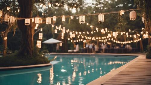 A tree-lined pool party scene with lantern decorations
