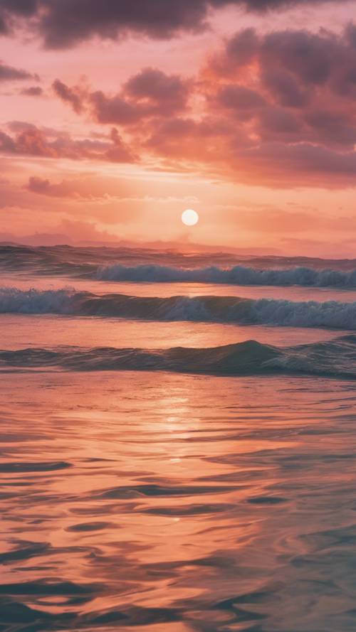 Un tramonto vibrante su un oceano sereno con nuvole color pastello che si riflettono sull&#39;acqua calma.