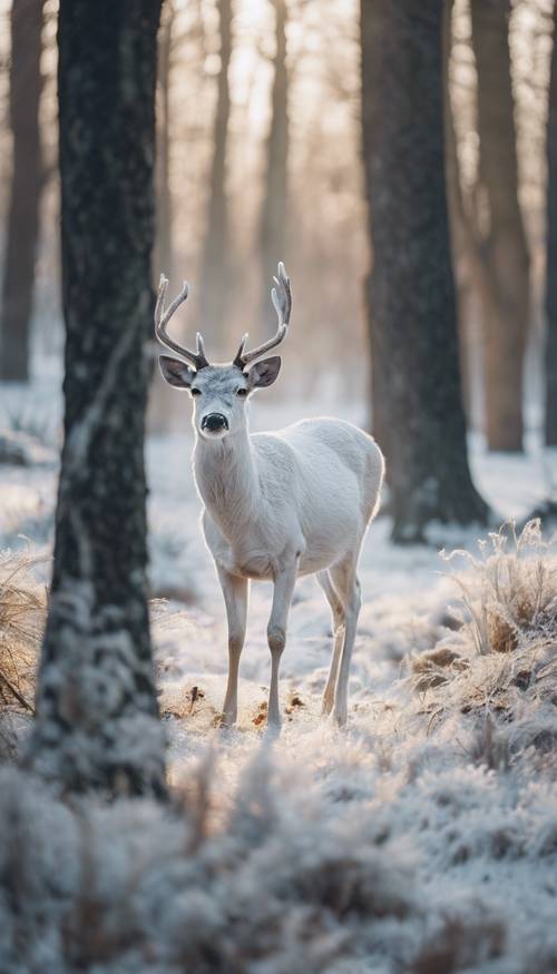 霜が降りた森を歩く一匹の白い鹿 壁紙 [e50162e80f344cd9b373]