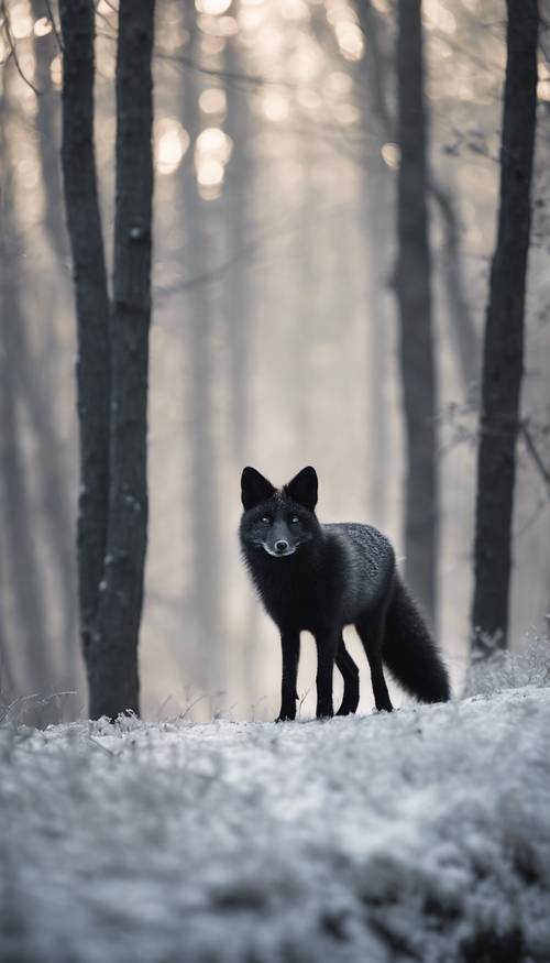 A black fox walking through a gray forest in a winter morning light.