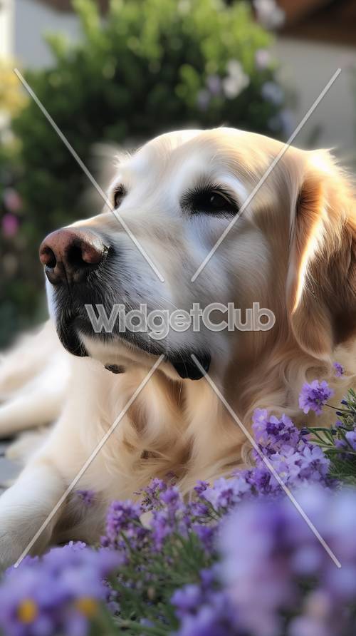 Chú chó tha mồi vàng thư giãn giữa những bông hoa tím